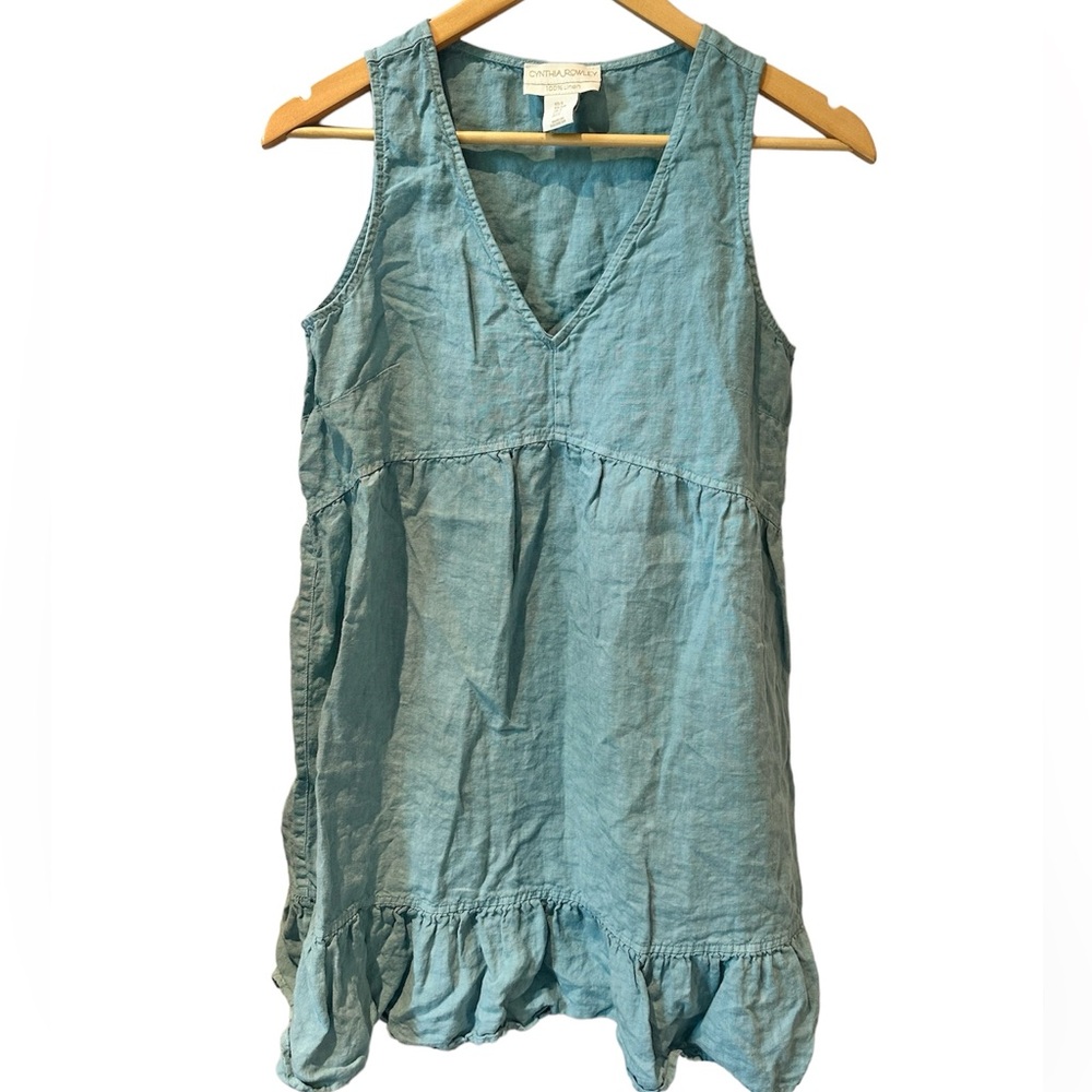 Cynthia Rowley 100% Linen Tank Mini Dress Blue/Green‎ Ruffle Size Small